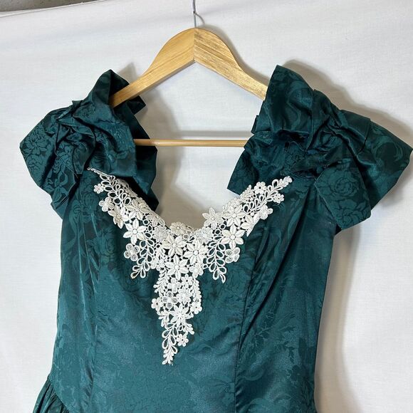 VTG 80s Jessica McClintock Green Brocade Lace Neck Formal Midi Dress Size 13/14 - Picture 8 of 14